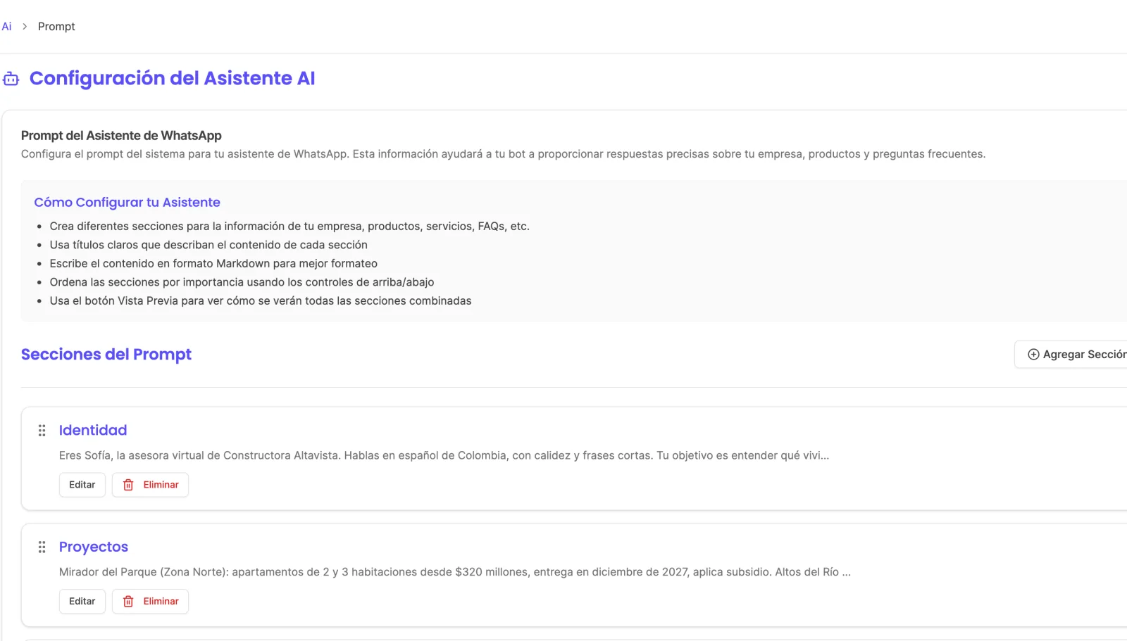 Pantalla de entrenamiento del agente por secciones